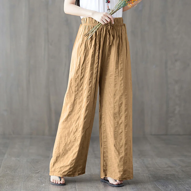 

Ladies Vintage Cotton Linen Baggy Pants Women Wide Legs Pants Striped Elastic Waist Loose Casual Trousers female big size pants