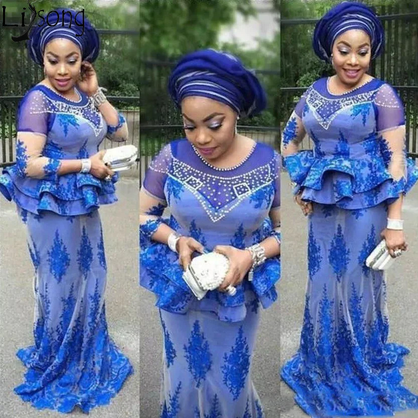 Plus Size African Royal Blue Prom Dresses Mermaid Pearls Beaded Nigerian Lace Appliques Aso Ebi Evening Gowns Mother Of The Bride Dresses 139