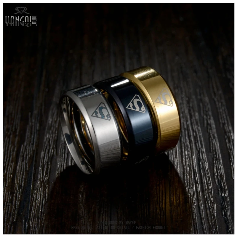 

Movie Jewelry Men Black Gold Superman Rings Stainless Steel the Lord One Bague Titanium 6MM Men Anillos
