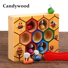 Candywood Wooden fine action hand eye coordination ability toys Montessori beehive game for children kids Hardworking bee toy