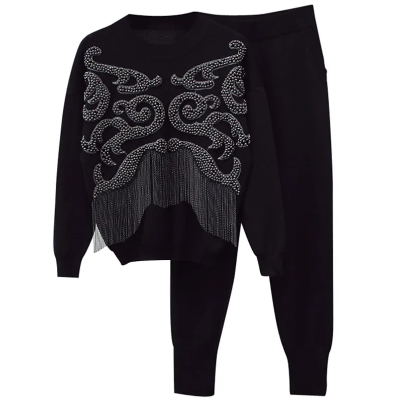 

Winter Designer Runway Suit Set Women's Luxury Knitting Tops Pants Set Fashion Women's Long Sleeve Pullover Pants Set