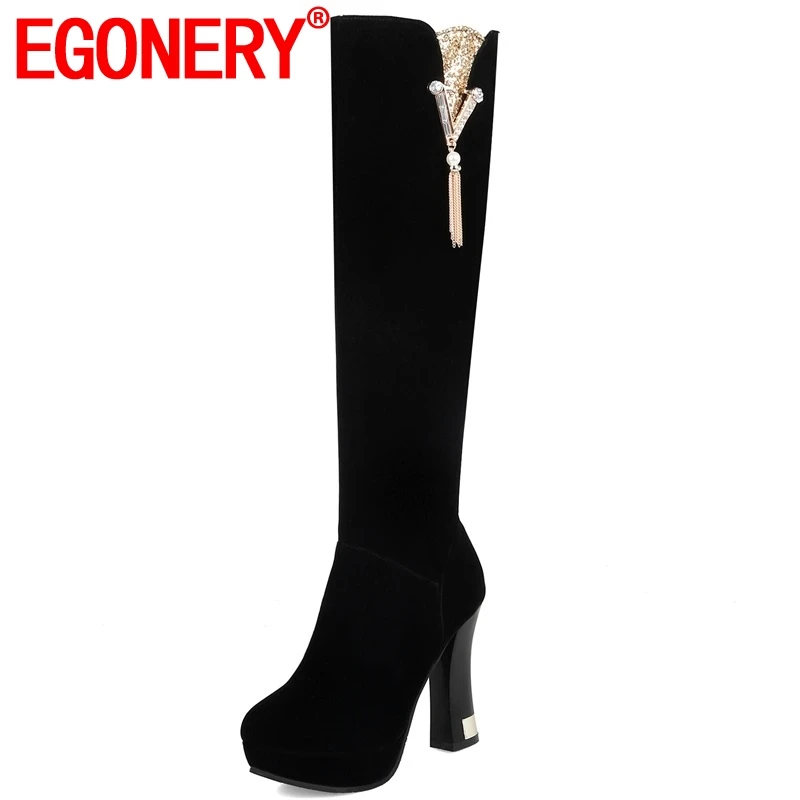 

EGONERY women shoes 2019 winter new fashion warm boots super high square heel platform zip metal decoration knee high boots