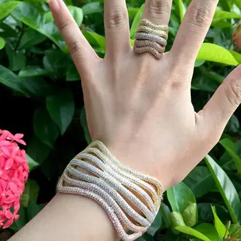 

ModemAngel Luxury Line Special Design Shiny Rhinestone Copper Rings Bangle Set Engagement Wide Large Bangles For Women Bijoux