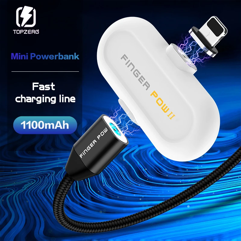 Fingerpow 1100 мАч Мини банк питания для iPhone/Android/Type C Магнитный USB кабель зарядки данных