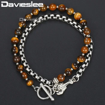 

Davieslee Mens Natural Tiger Eye Stone Beaded Bracelet Stainless Steel Round Box Link Gunmetal Tone Double Layered Brown DB62