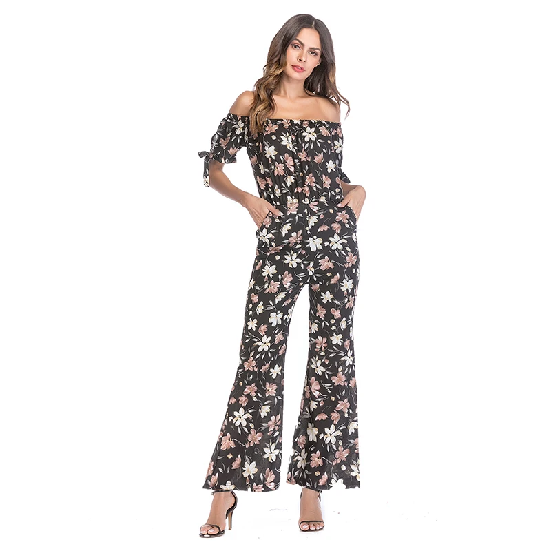 Women's Jumpsuit Lotus Leaf Collar Elegant Chiffon Trousers Slim Temperament Leaking Shoulder Floral Short Sleeve Spring New Women's Jumpsuit Lotus Leaf Collar Elegant Chiffon Trousers Slim Temperament Leaking Shoulder Floral Short Sleeve Spring New
