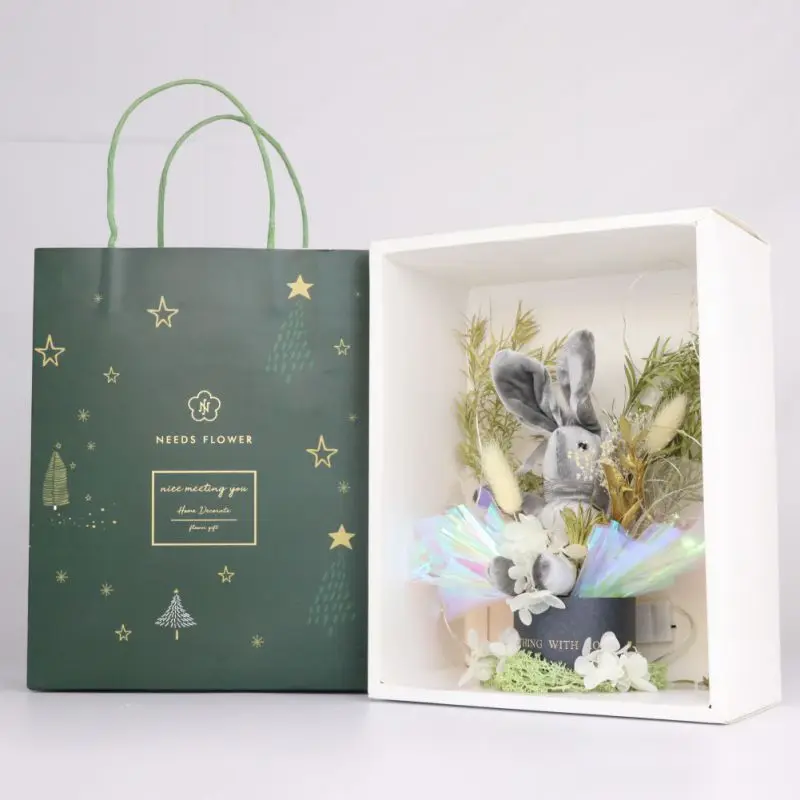 

Rabbit Flower Bouquet Wishing Light Decor Bouquet Artificial Dried Flower Gift Box for Home Valentine's Day Backdrop Flowers