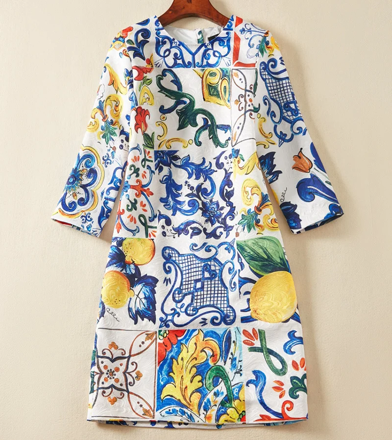 

Vintage Designer Women Jacquard Print Dress Elegant O-Neck OL Work Dresses C3318