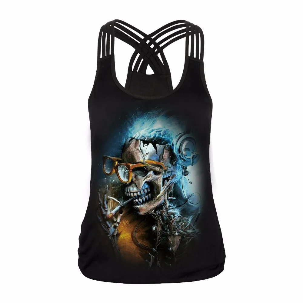 

2018 new skull small vest female digital printing Cross sling Backless Hollow out sexy vest 3D digital printing Sleeveless cool