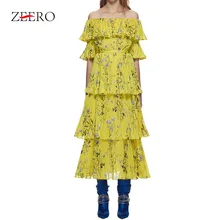 Женское летнее сексуальное платье с открытыми плечами и вырезом, желтое длинное платье с цветочным принтом и оборками, Пляжное длинное платье в складку
