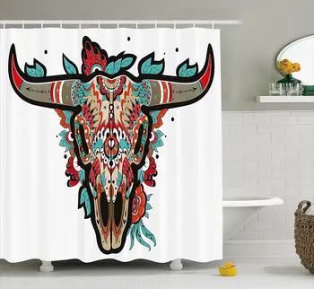 

Western Shower Curtain Buffalo Sugar Mexican Skull Colorful Ornate Design Horned Animal Trophy Turquoise Red Taupe