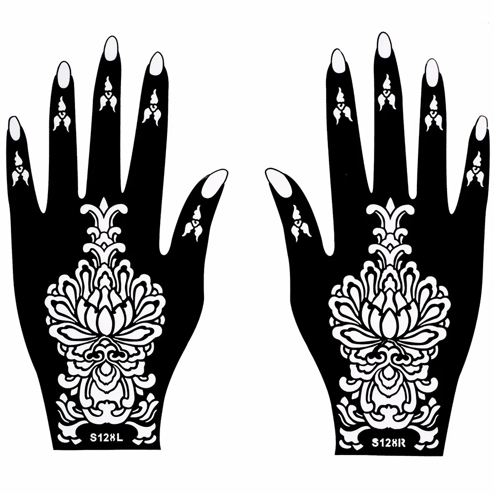1 Pair Indian Henna Tattoo Stencil Flower Pattern Design Hands for Women Body Art Airbrush Painting Tattoo Template Fashion S128