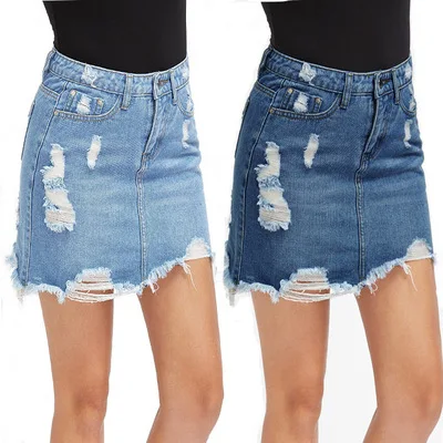 Women Blue Ripped Casual Mini Denim Skirt 2018 Summer New Bodycon Women Skirt Basic Pocket Jeans Skirt Mid Waist Skirt