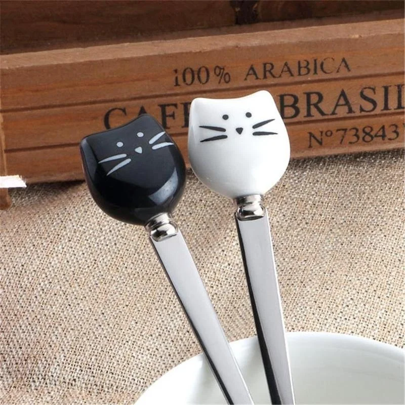 1PC Cat Ceramic Spoons Stainless Steel Cartoon Ice Cream Sugar Tea Dessert Spoon