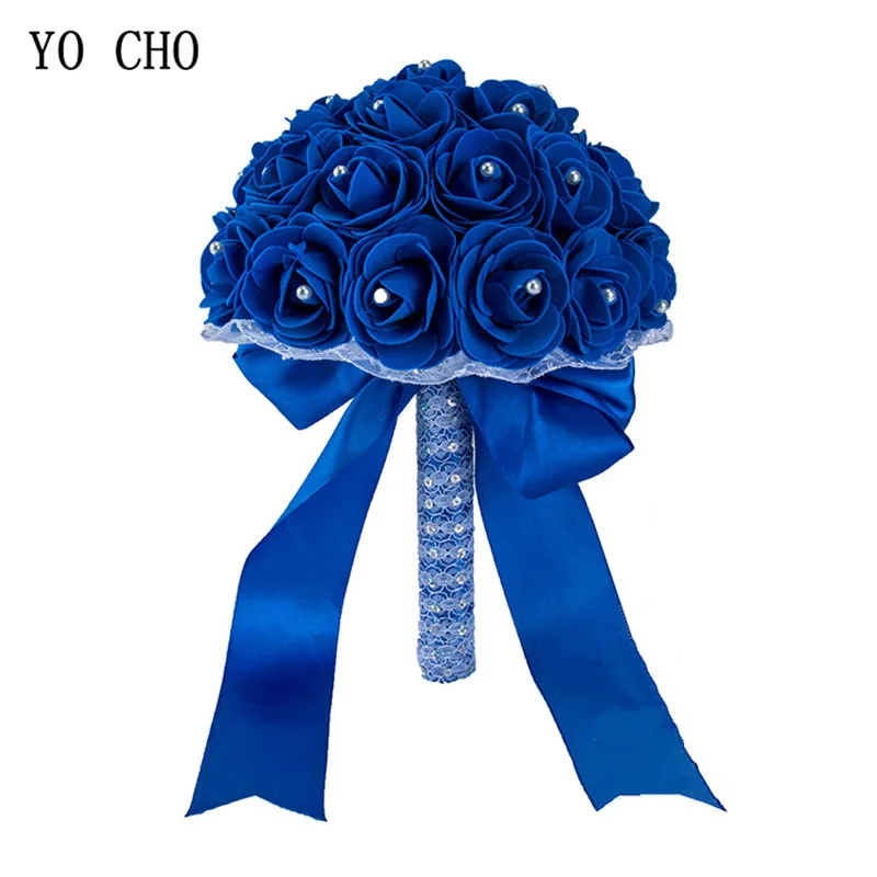 YO CHO Bouquet de mariée artificielle PE Rose fleur fausse perle Bouquet bleu demoiselle d'honneur mariage fournitures de mariage décorations