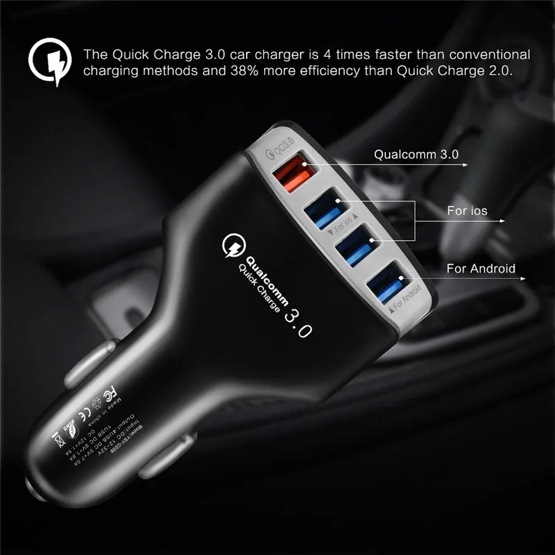 Powerful 4 USB Ports QC3.0 Car Charger Fast/Quick Charge 3.0 Smart Phone Car-Charger Adapter for iPhone Android Charge Adapter