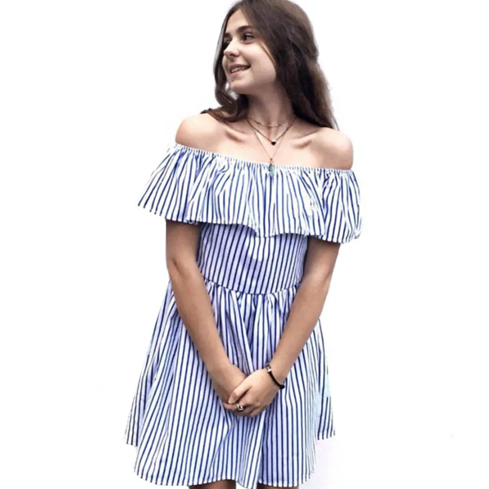 Off Shoulder Ruffle Striped Sundress Blue White Slash Neck Backless ...