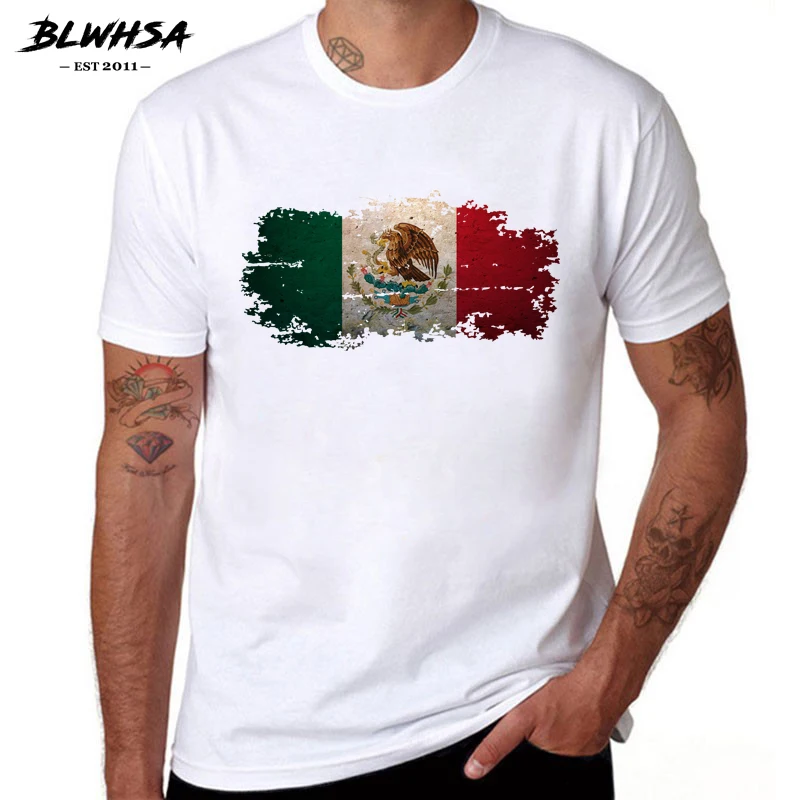 BLWHSA Mexico Flag Printed Men T shirt Summer Short Sleeve 100% Cotton T-shirts Brand Design Hip Hop Mexican Flag Men Clothing