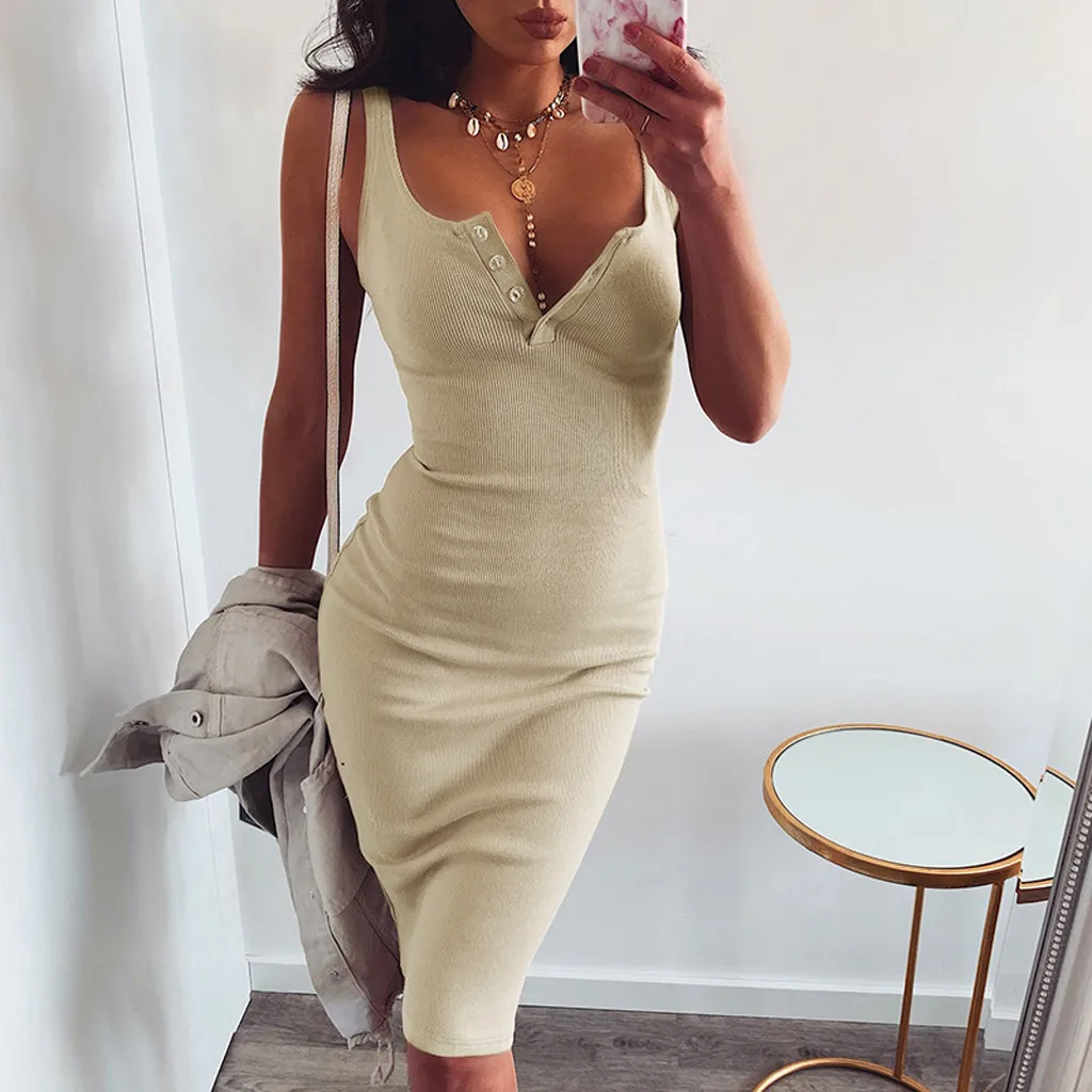

JAYCOSIN Womens Sexy Sleeveless Button V Neck Knitted Bodycon Dress Ladies Summer Holiday Midi Dresses vestidos dropshipping 719