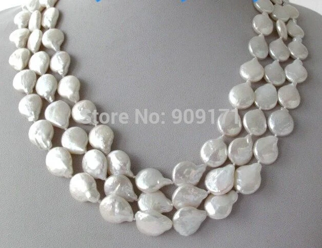

Free Shipping>>3 Strands 17-19" White Coin Freshwater Pearl Necklace