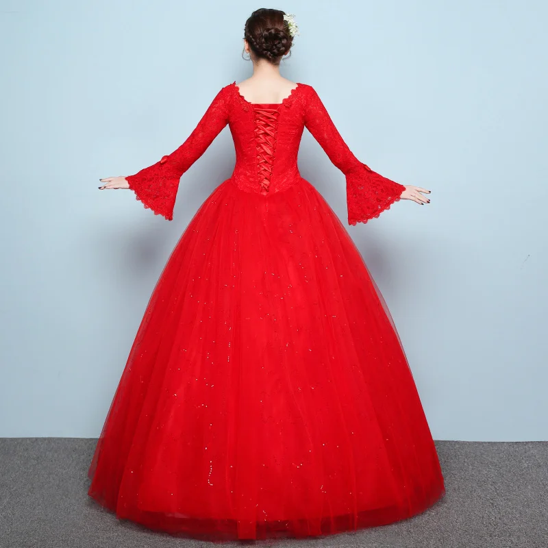 Летнее Новое свадебное платье невесты красное платье-пачка с вырезом лодочкой и длинными рукавами, кружевное платье с поясом со стразами, свадебные платья Vestidos de novia