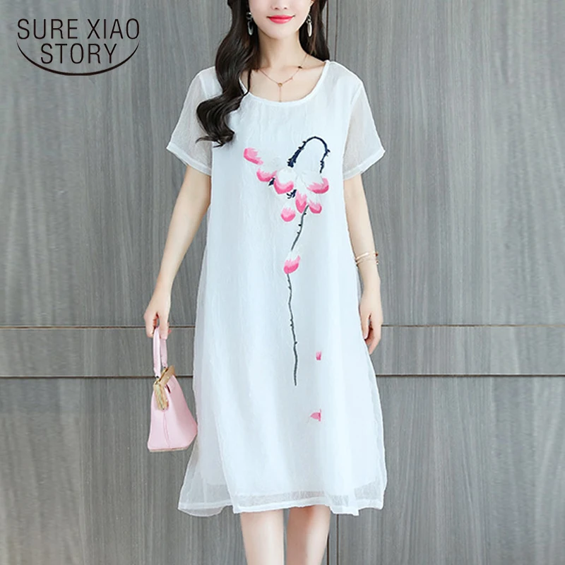 

Fashion print chiffon women dress loose plus size summer dress short sleeve chiffon dress knee length women's clothing 0273 40