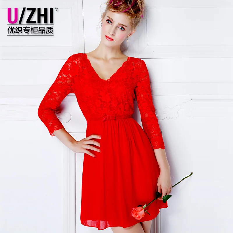 2015 summer fashion lace formal dress red one piece dress the bride