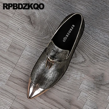 

Pointed Toe Real Leather Genuine 46 Slip On Shoes Brogue Party Wingtip Metal Tip High Quality Big Size Luxury Gold Loafers Men