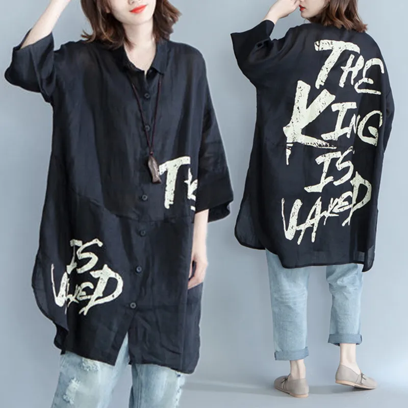 

BIG SIZE 5XL Spring Autumn Women Fashion Letter Print Button Tops Ladies Female Plus Large Long Loose Split Blouse Shirt Blusas