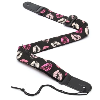 

Washable No Fading Cartoon Style Adjustable Guitar Strap Denim Belt Leather Ends, Pink Lips
