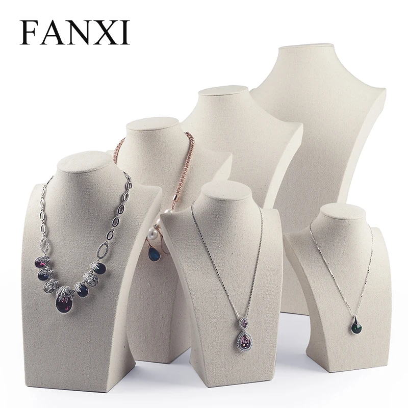 Fanxi Linen Cream-white Necklace Mannequin Bust Pendant Jewelry Display Stand Holder Shelf Showcase Jewelry Organizer