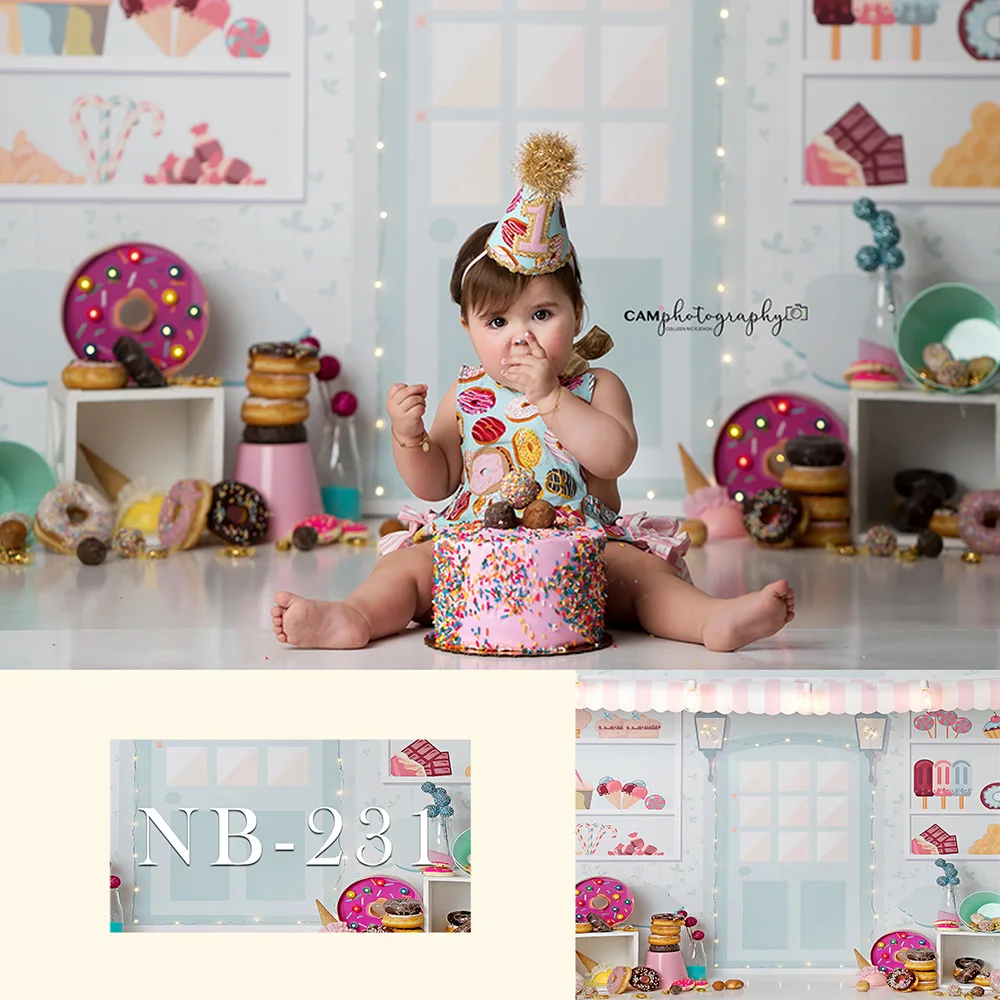 

MEHOFOTO Candy Bar Ice Cream Parlor Celebration Backgrounds Baby 1st Birthday Party Banner Photography Backdrop for Photo Studio