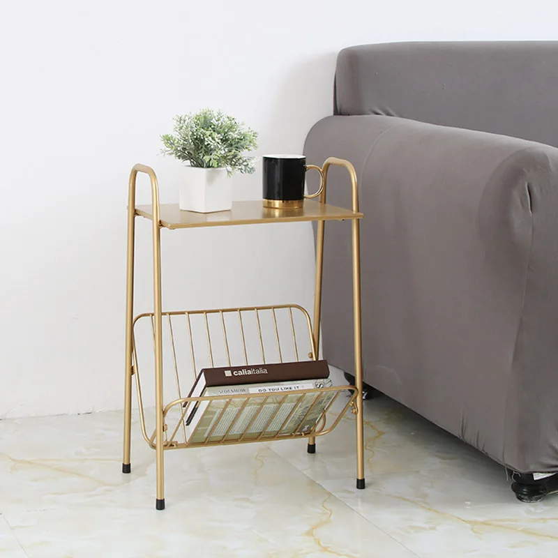 

sofa side Nordic golden iron coffee table Creative small end table with book magzine rack shelf wholesale living room furniture
