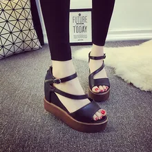 sexy wedge high heel hollow peep toe sandals PU leather thick bottom buckle ankle cover sandals pure color women leisure sandals