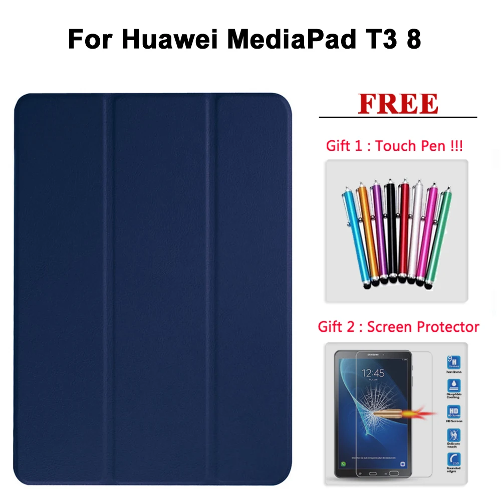 Защита экрана стекло+ чехол для huawei MediaPad T3 7 8 10/T5 10 кожаный Умный Магнитный чехол для Медиа Pad T5/T3 7 8 10. 1 - Цвет: T3 8 shenlan