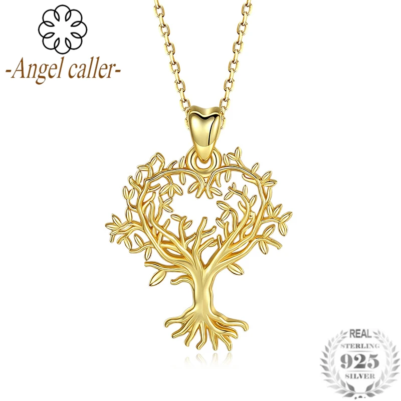 

Angel Caller Real 925 Sterling Silver Tree of Life Pendant Necklace 18K Gold Plated Fine Jewelry for Women Girls Valentine Gift