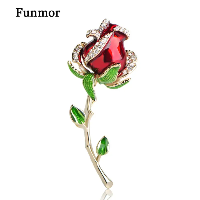 

Funmor Enamel Esmalte Red Rose Brooches For Women Alloy Flower Weddings Banquet Party Suit Hijab Pins Brooch Valentine Day Gift