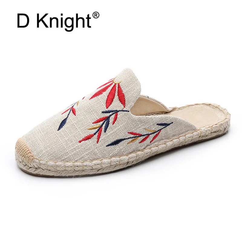 

2021 Summer Women Half Slippers Embroidery Maple Leaf Cats Slide Flat Bottom Hemp Rope Weaving Fisherman Shoes Women Espadrilles