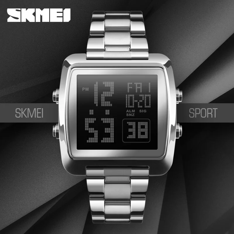 

2018 SKMEI 1369 Countdown Two time 12/24 hours display EL Blue Light Big Dial Alloy Stainless Steel Digital Wrist Watch for Man