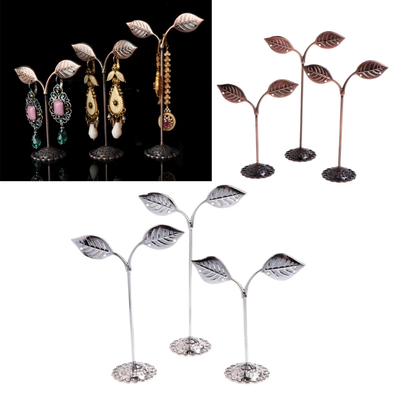 3 Pcs Alloy Earrings Display Leaf Shape Stand Showcase Jewelry Organizer Holder