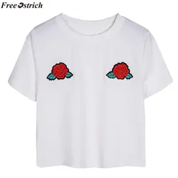 Бесплатная страуса женская белая роза Вышивка o-образным вырезом Футболка модная женская Повседневная простая футболка с короткими