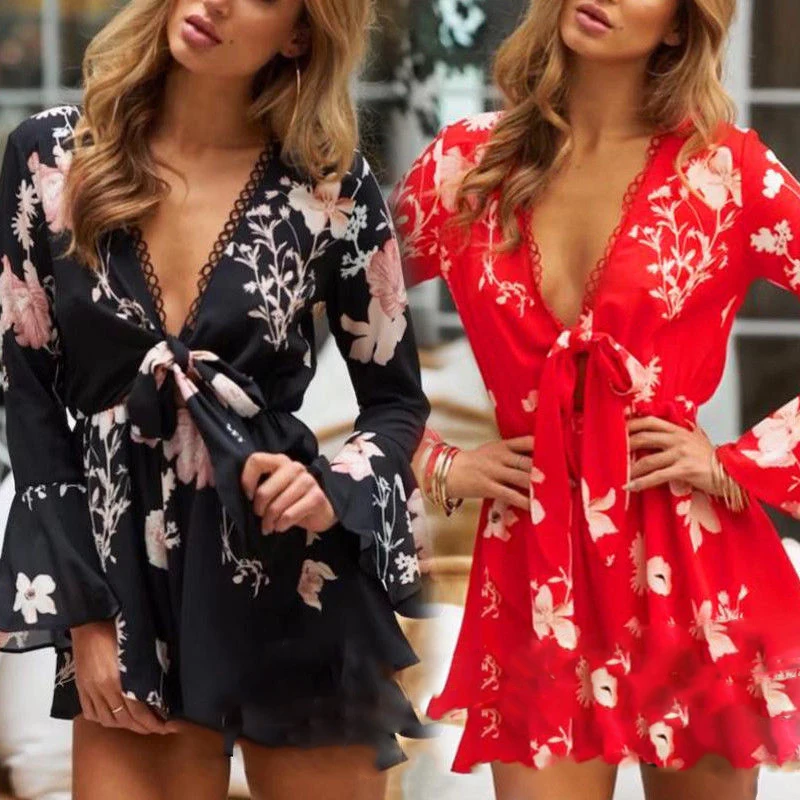 2018 New Style Women Playsuits Holiday Mini Playsuit Ladies Long Sleeve V Neck Jumpsuit Summer 
