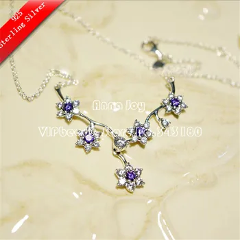 

2016 NEW S925 Sterling Silver Forget me not necklace with Purple and Clear CZ necklace Fit European Jewelry Necklaces NC018