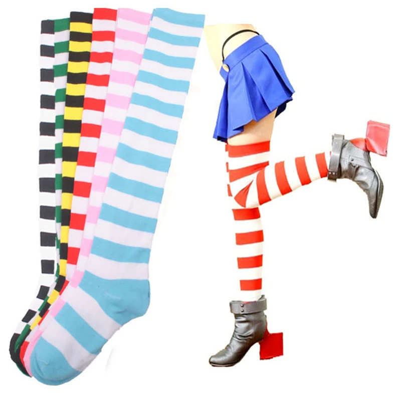 

Striped Thigh High Socks Over Knee Womens Halloween Cosplay Fashion 2018 New Arrival Cotton Striped Black Blue Green Red