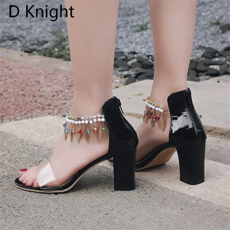 Bohemian Women Transparent Sandals Patent Ankle Strap Female Beads Heels Nude Black High Heeled Sandal Summer Shoes Ladies Woman (9)