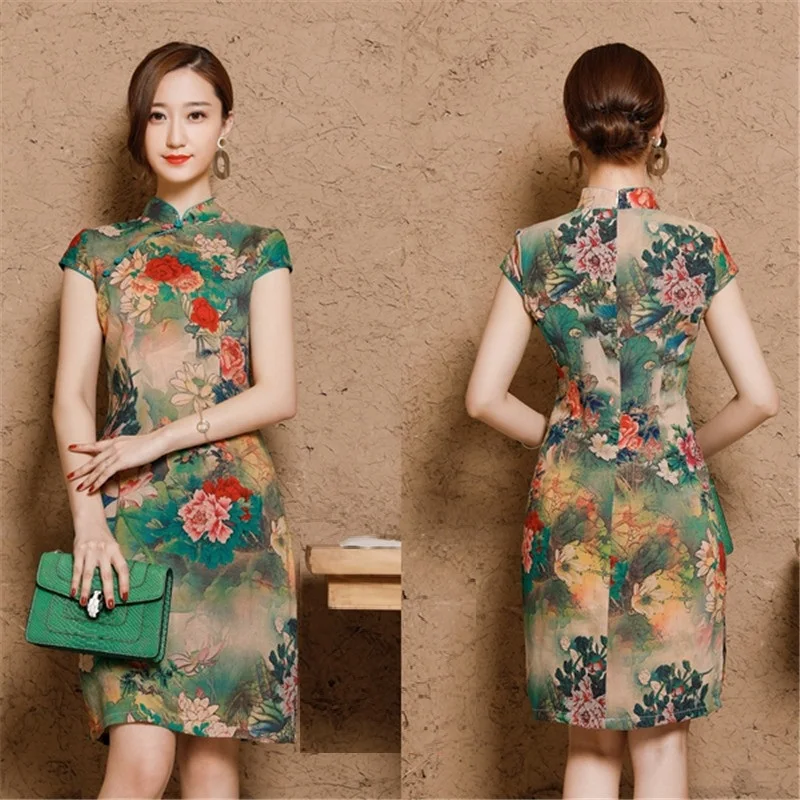 Women Linen Cotton Shanghai Plus Size Cheongsam Qipao Dresses XXXL 4XL 5XL Summer Short Chinese Traditional Printing Elegant  (18)