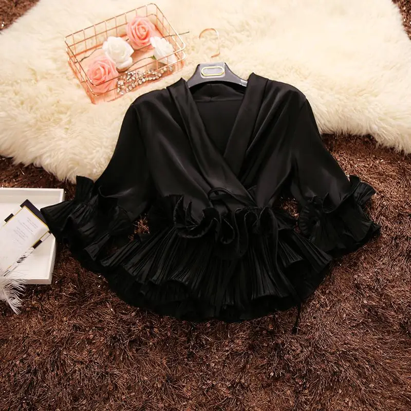 V-neck Pleated Ruffled Lace Chiffon Shirt