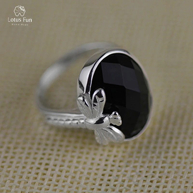 

Lotus Fun Real 925 Sterling Silver Rings for Women Natural Black Agate Stone Finger Band Dragonfly Resizable Party Fine Jewelry