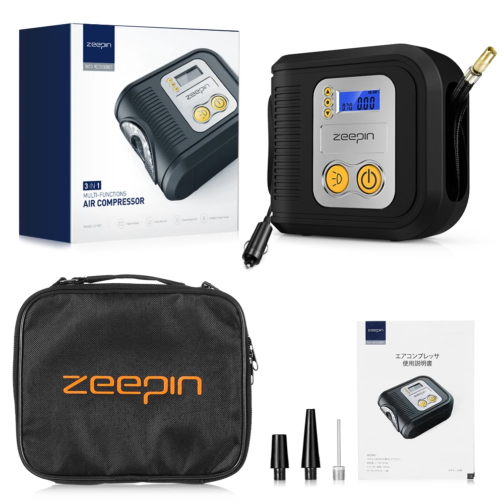 ZEEPIN 12 в автомобильный компрессор 150 фунтов на кв. дюйм 120 Вт автомобильный шиномонтажный насос с манометром/3 насадки/светодиодный светильник/автоматическое отключение