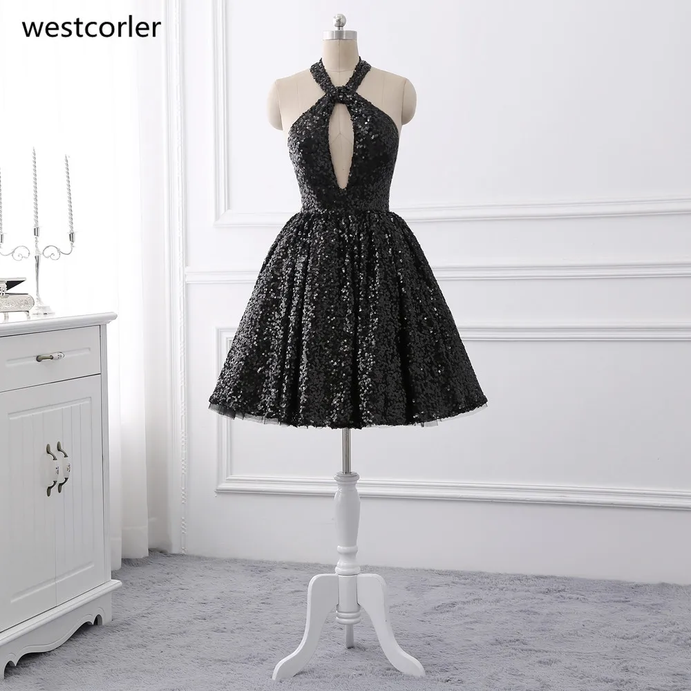 Buy Black Sequin Short Prom Dresses 2017 Halter